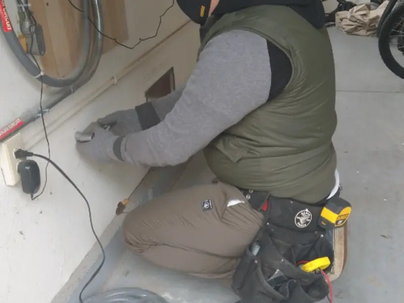 Electrician performing outlet wiring in a Cedar Rapids garage